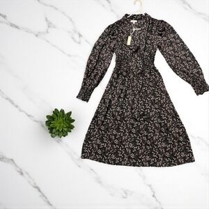 Max Studio Women's Floral Print Midi Dress Long Sleeve Shirred Black Pink Size S